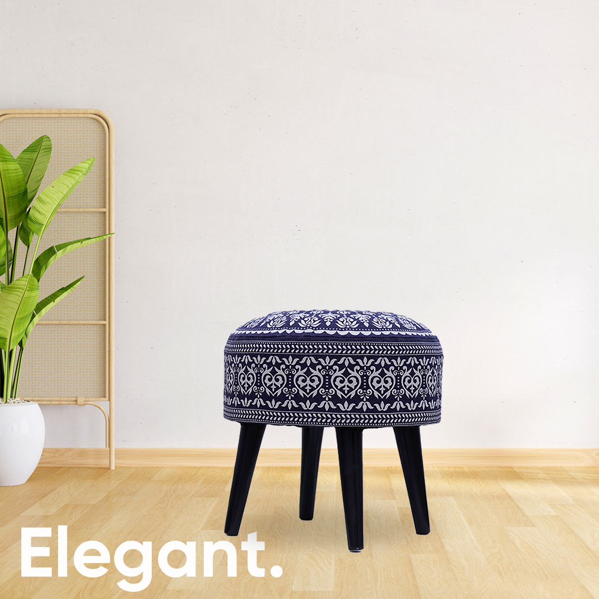 Mandala Wooden Ottoman in Blue Color Set of 1
