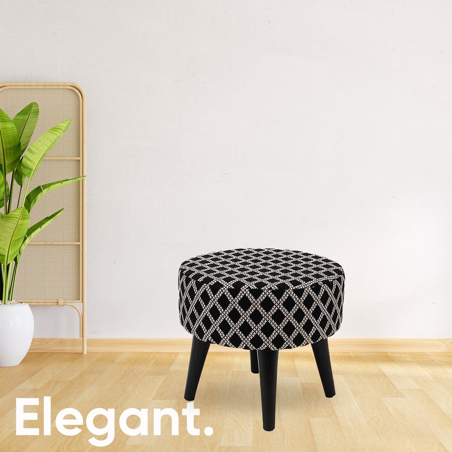 Contemporary Tetrad Jacquard Wooden Tuffet in Black Color