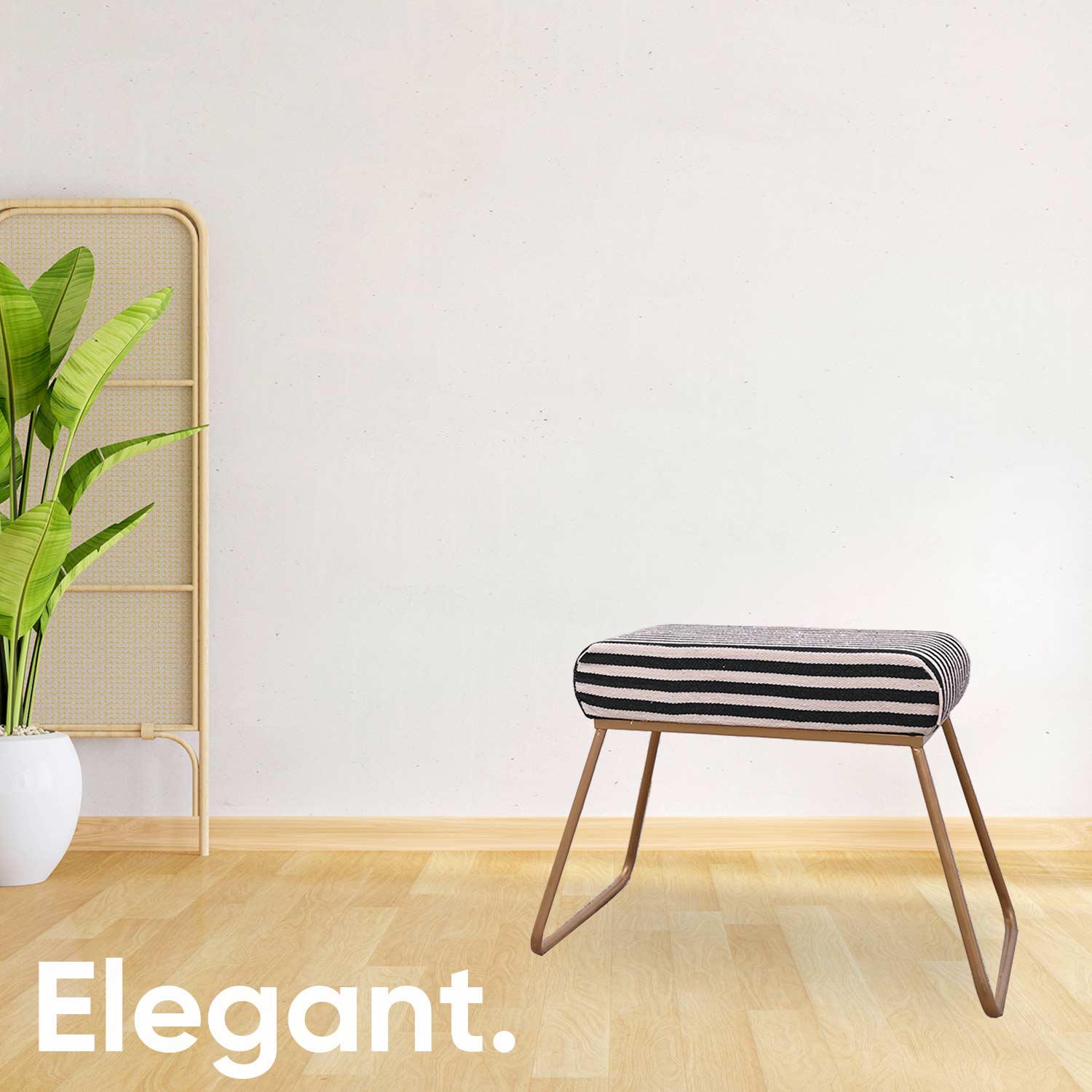 Classy and Compact Golden Metal Stool in Black &amp; White Stripe