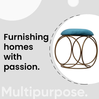 Modern Hexa-Style Golden Metal Stool in Teal Blue Cushion