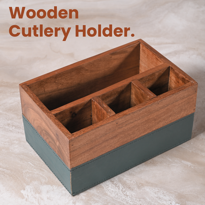 Greetwood Wooden Cutlery Holder for Kitchen in Leather Accent