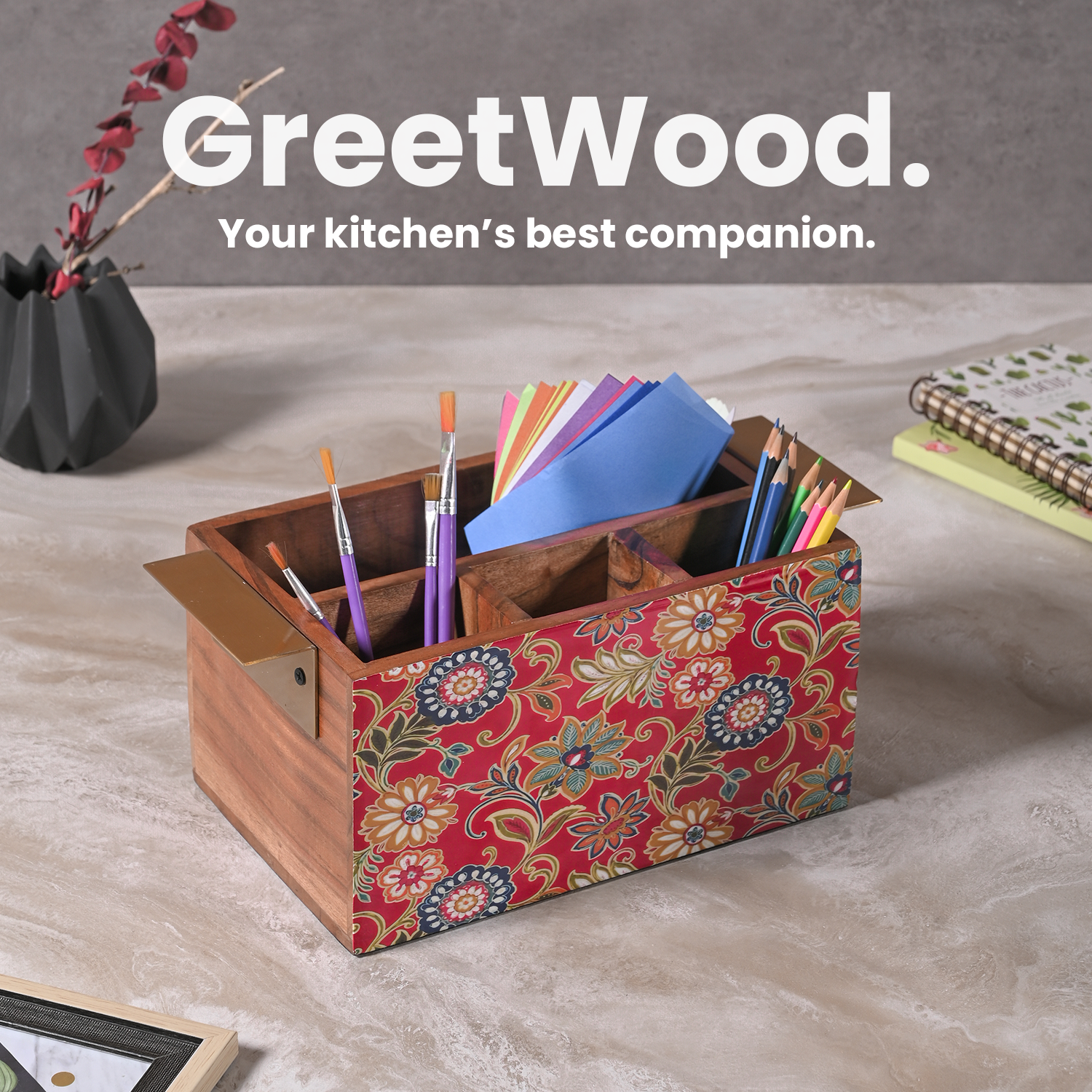 Greetwood Red Printed Wooden Cutlery Holder for Kitchen