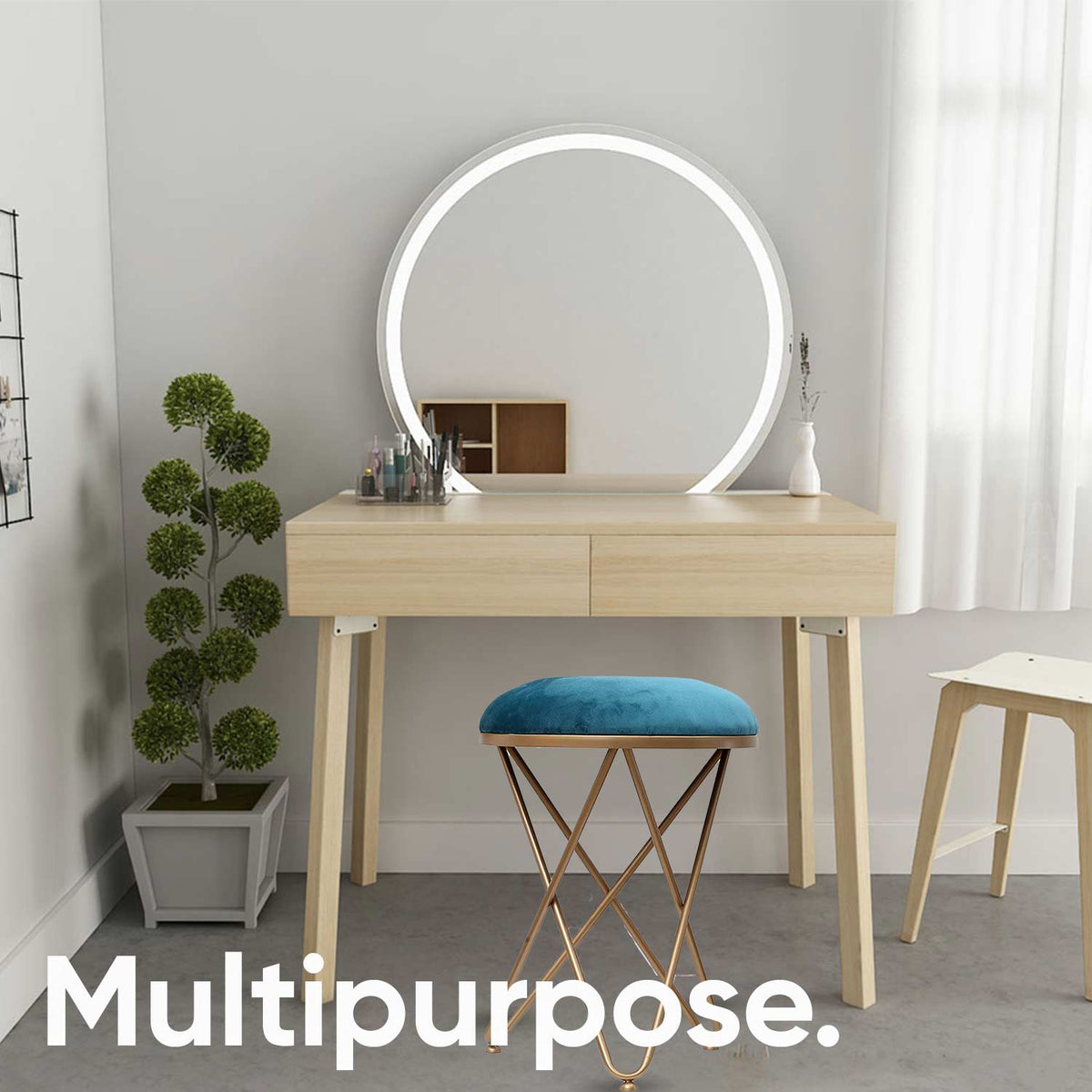 Ultra-modern Cross Leg Golden Metal Stool in Teal Blue Cushion Set of 2