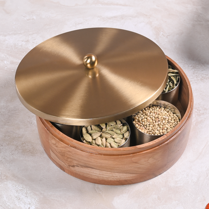 Greetwood Brass Lid Wooden Masala Box for Kitchen