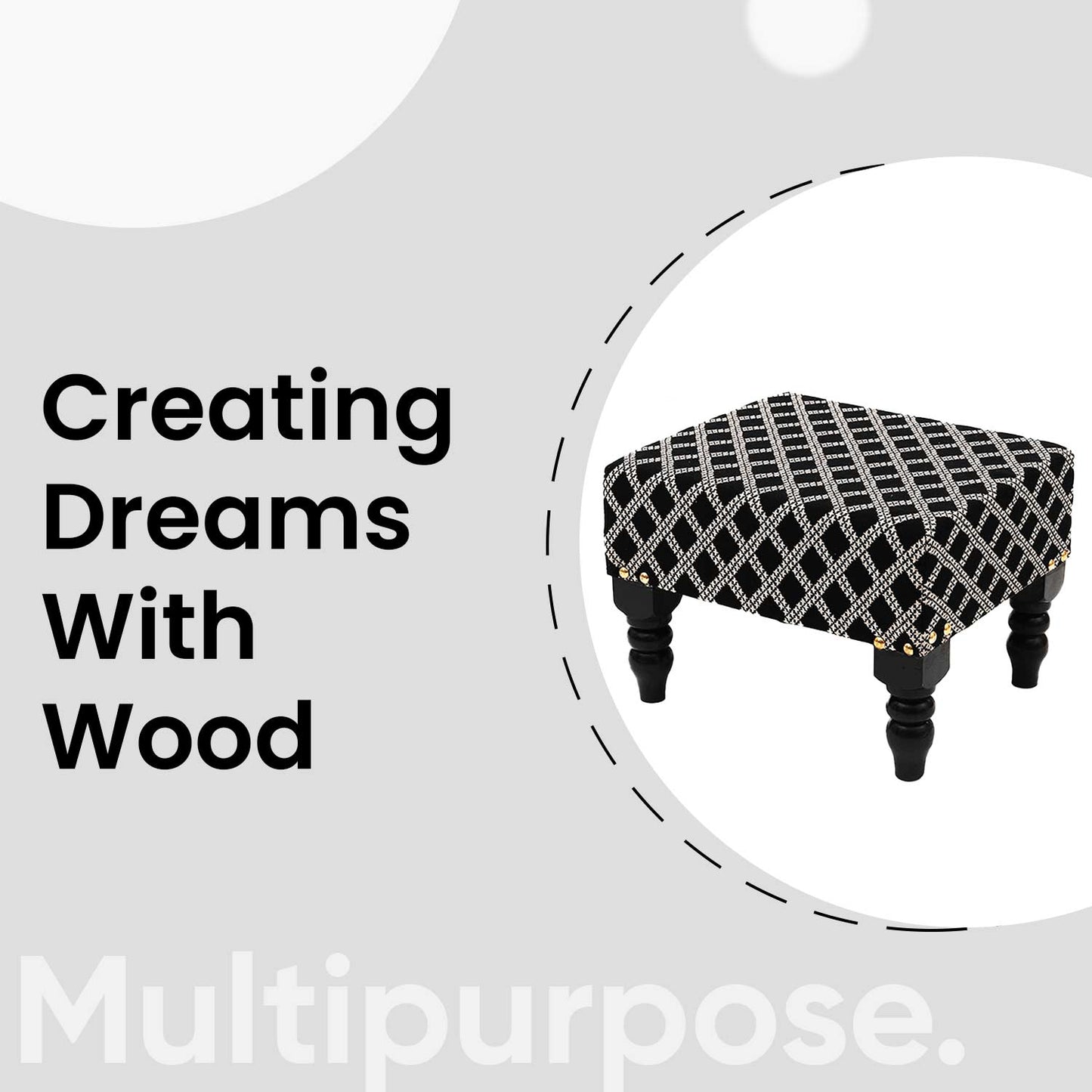 Multifunctional Tetrad Jacquard Wooden Footstool in Black Color