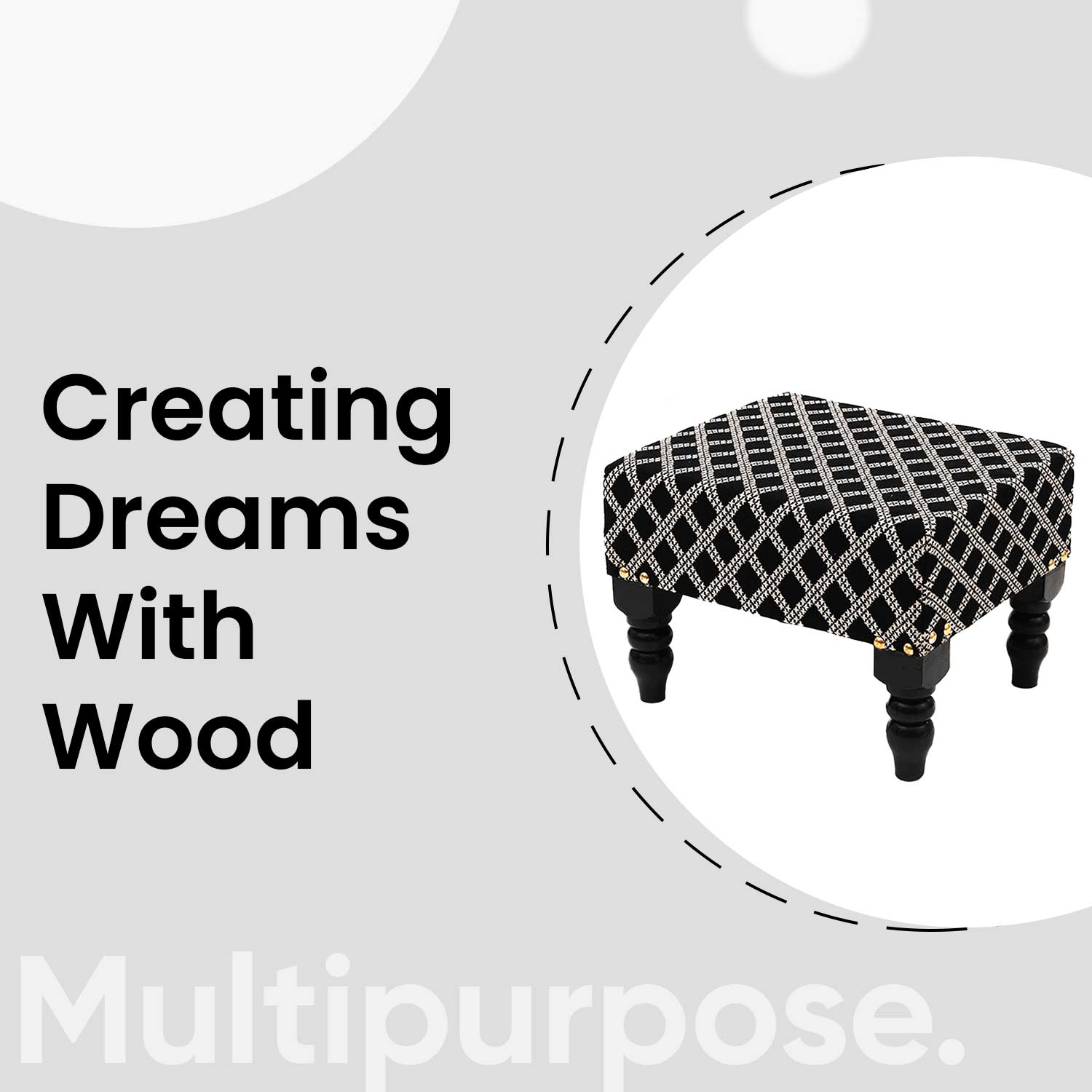 Multifunctional Tetrad Jacquard Wooden Footstool in Black Color