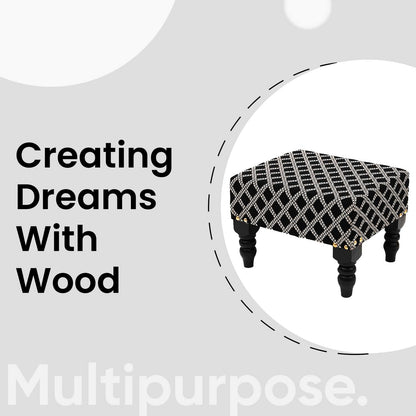 Multifunctional Tetrad Jacquard Wooden Footstool in Black Color