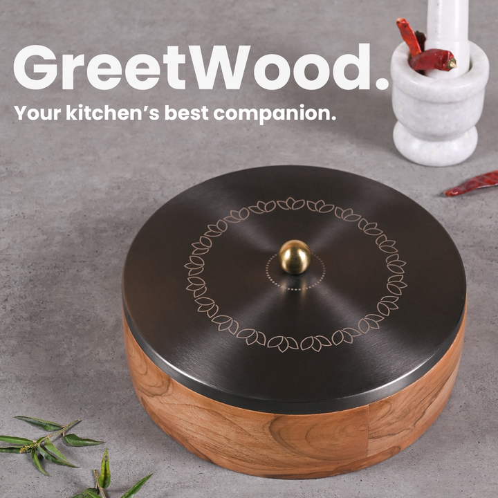 Greetwood GunMetal Lotus Wooden Masala Box for Kitchen