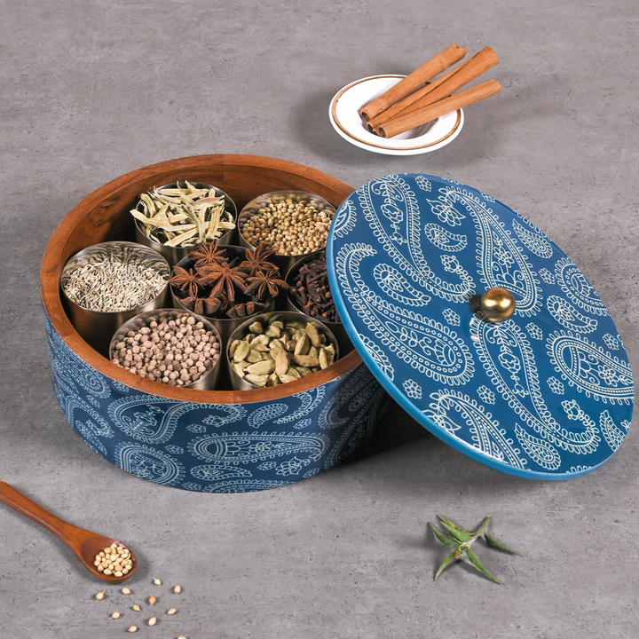 Greetwood Blue Printed Wooden Masala Box for Kitchen