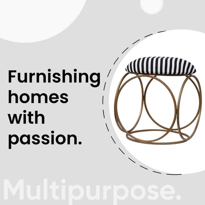 Modern Hexa-Style Golden Metal Stool in Black &amp; White Stripe Set of 2