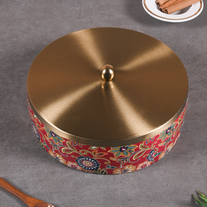 Greetwood Brass Lid Wooden Masala Box for Kitchen in Red Print