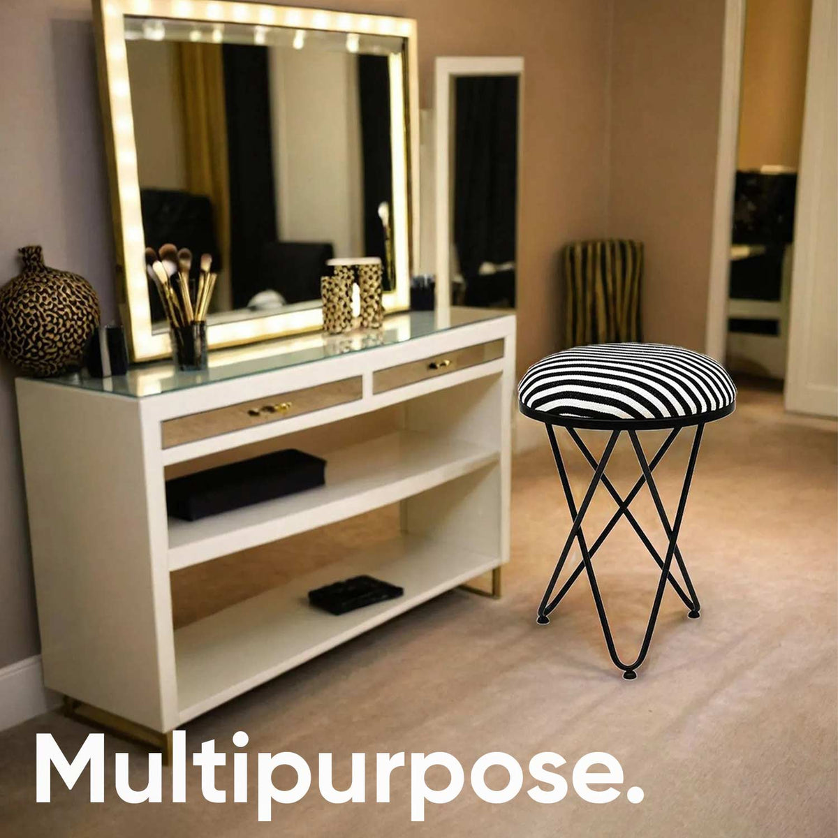 Ultra-modern Cross Leg Matt Black Metal Stool in Black &amp; White Stripe Set of 2