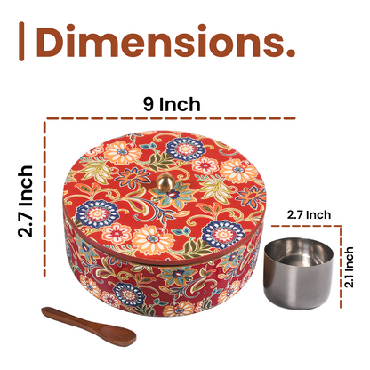 Greetwood Red Printed Wooden Masala Box for Kitchen