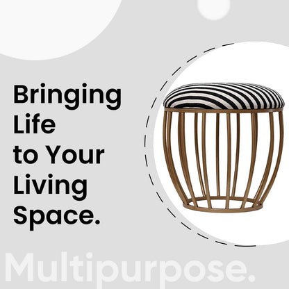 Classic Cage-Style Golden Metal Stool in Black &amp; White Stripe Set of 2