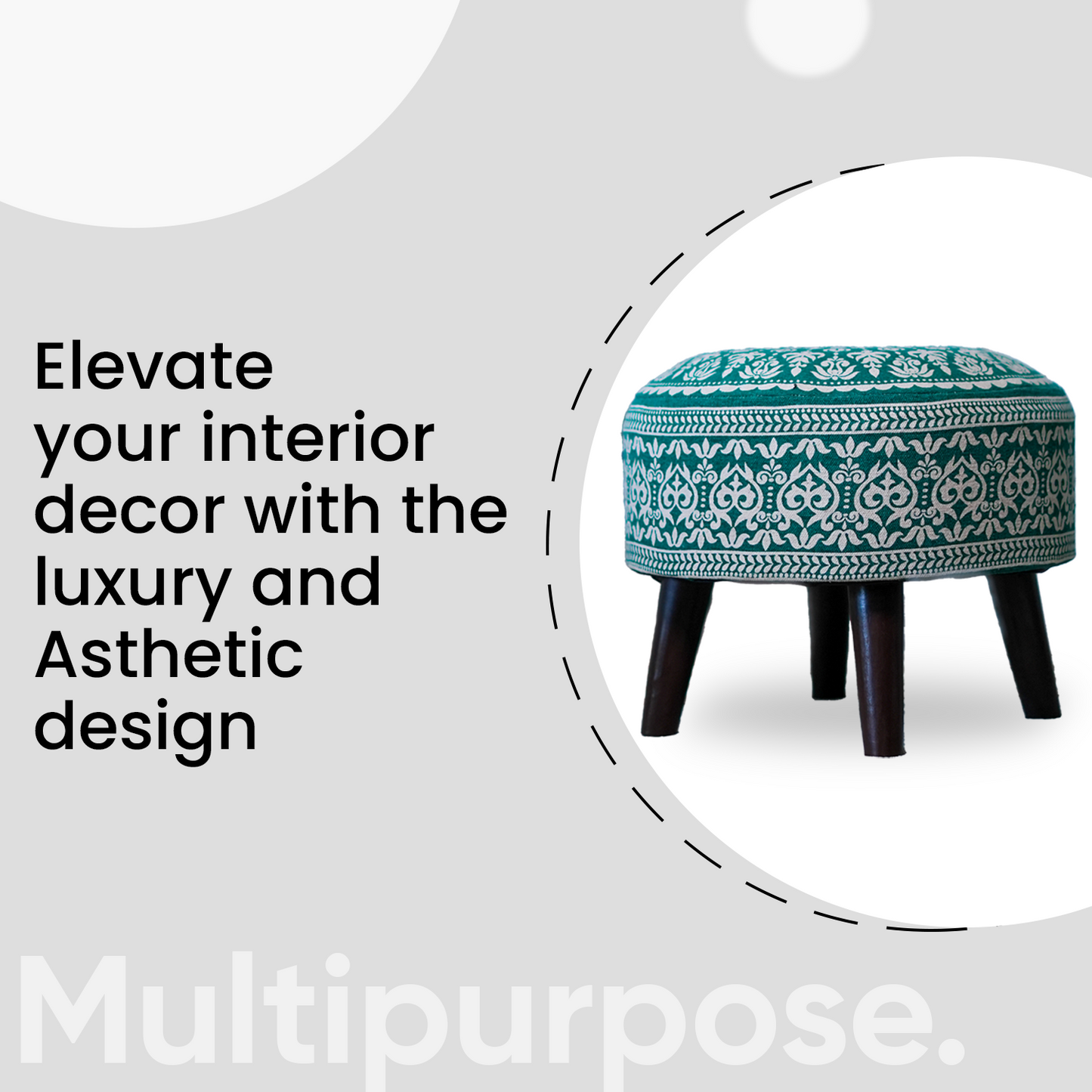 Contemporary Mandala Wooden Tuffet in Teal Blue Color Set of 2