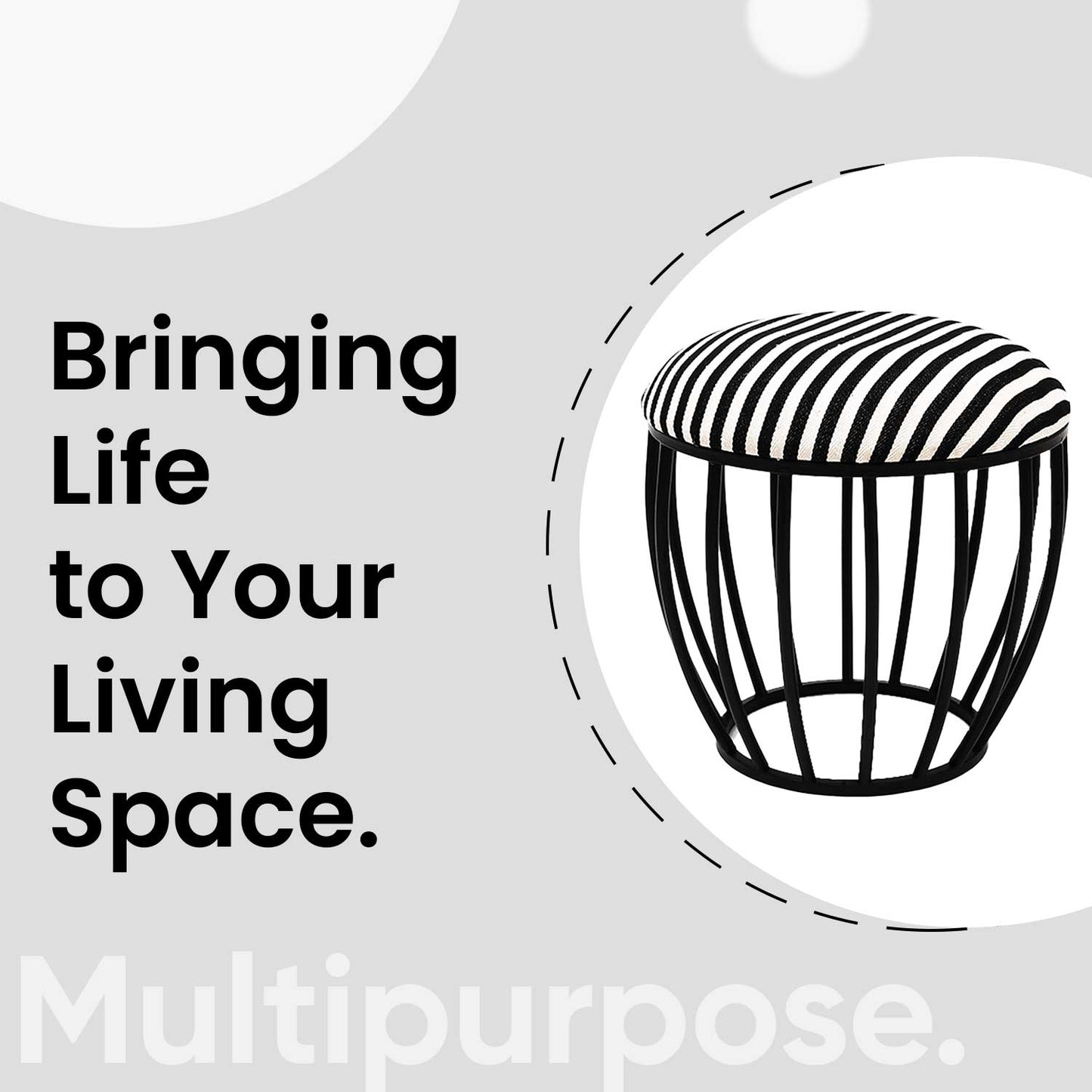 Classic Cage-Style Matt Black Metal Stool in Black &amp; White Stripe Set of 2