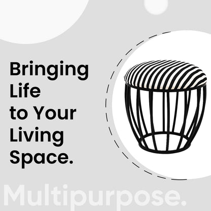 Classic Cage-Style Matt Black Metal Stool in Black &amp; White Stripe Set of 2