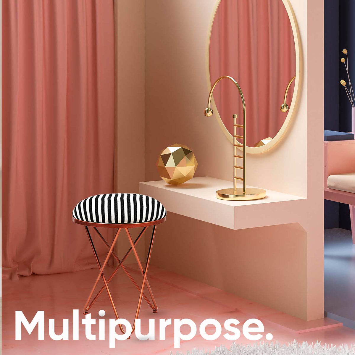 Ultra-modern Cross Leg Rose Gold Metal Stool in Black &amp; White Stripe