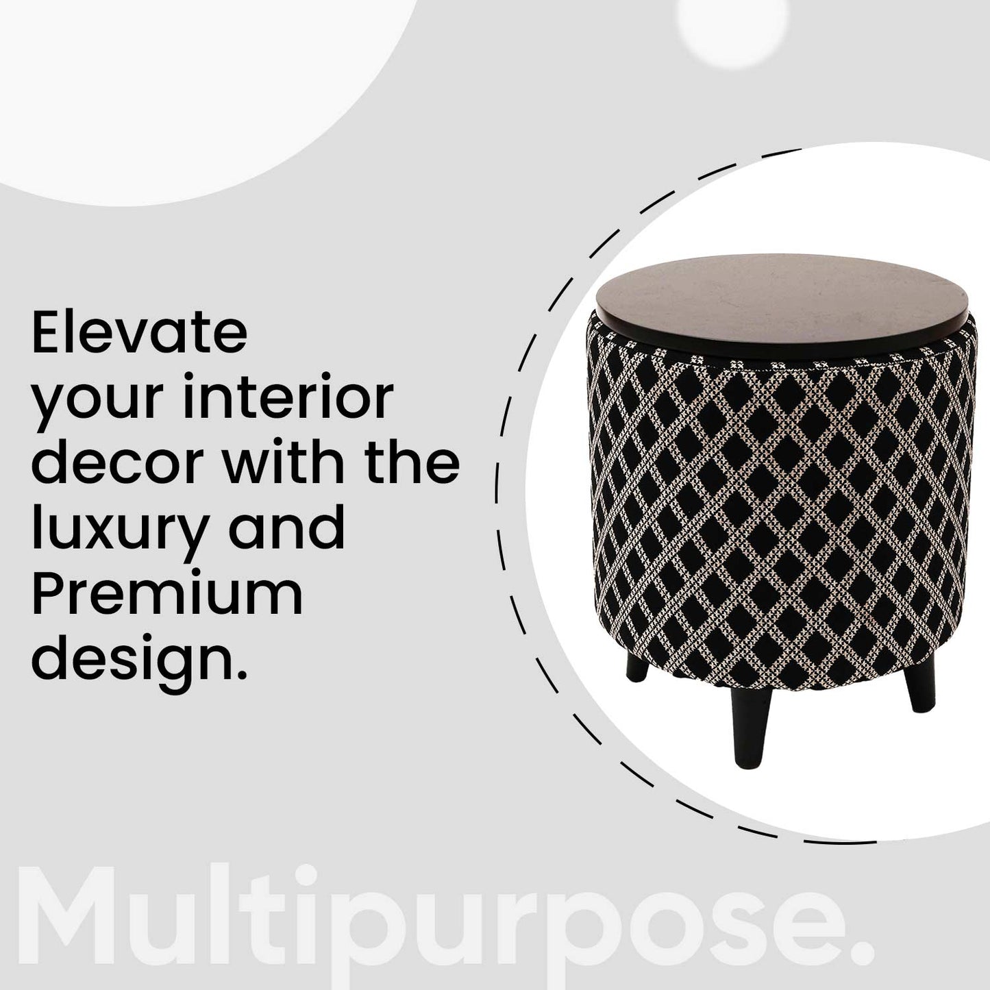 Multifunctional Tetrad Jacquard Wooden Footstool in Black Color