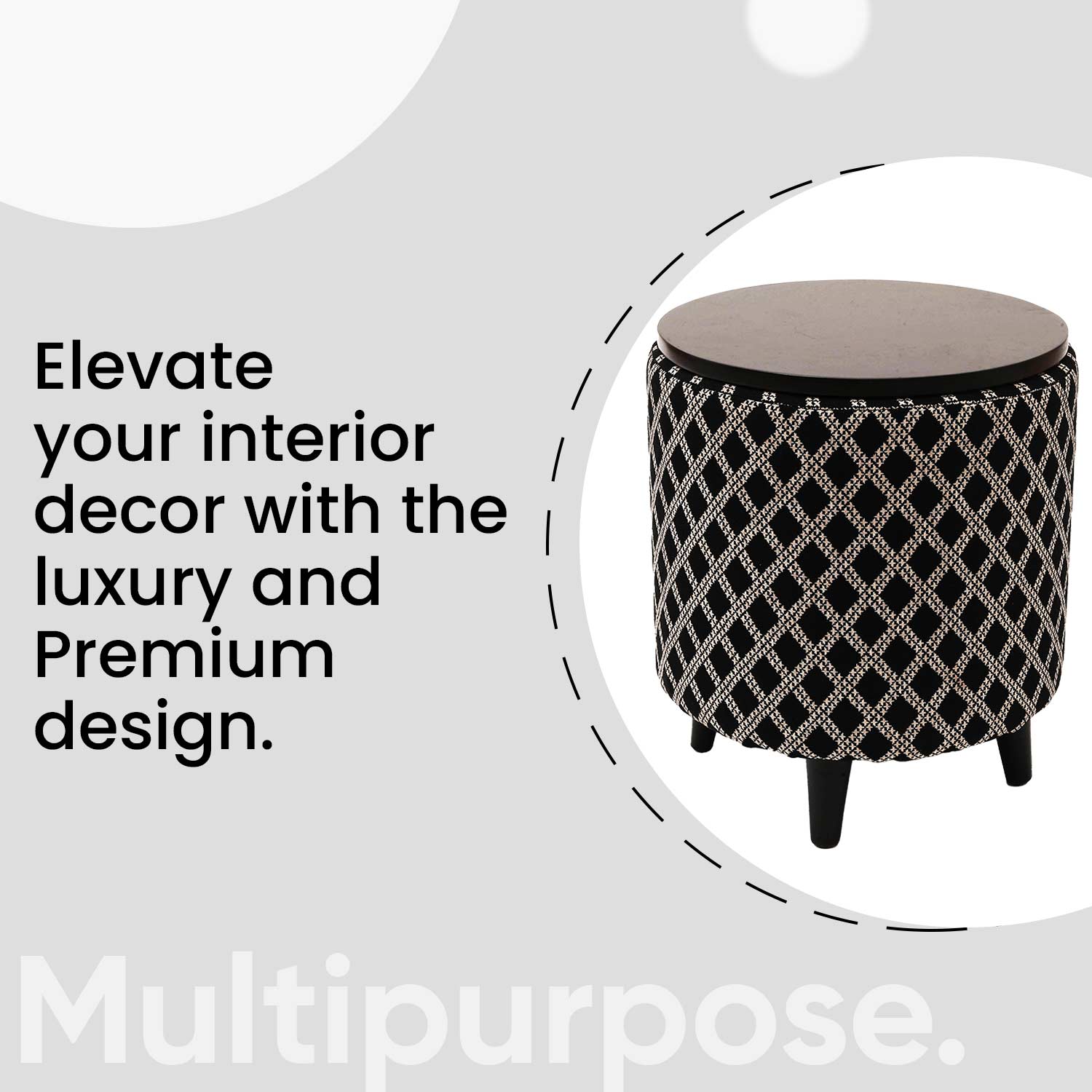 Multifunctional Tetrad Jacquard Wooden Footstool in Black Color Set of 2