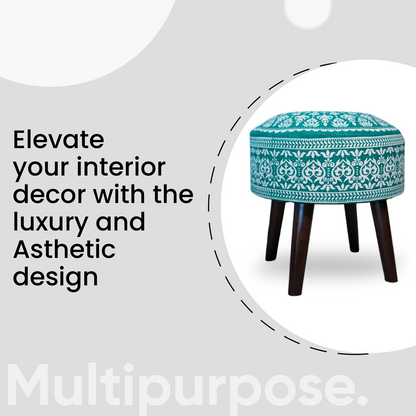 Mandala Wooden Ottoman in Teal Blue Color Set of 2