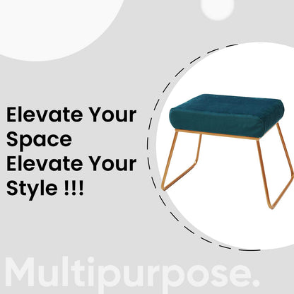 Classy and Compact Golden Metal Stool in Teal Blue Cushion Set of 2