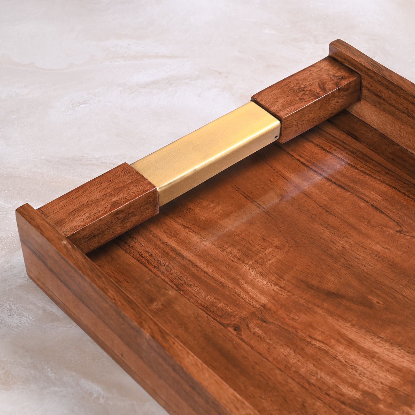 Greetwood Wooden Serving Tray With Brass Inlay Handles