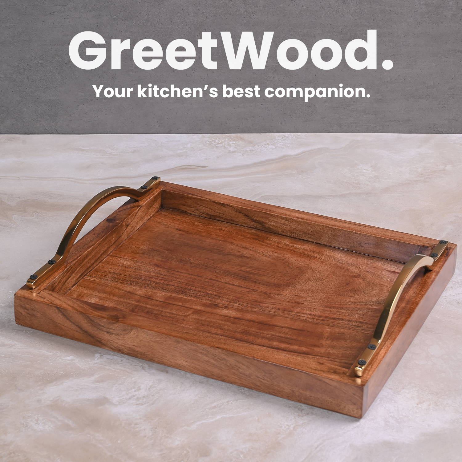Greetwood Wooden Serving Tray With Curved Brass Handles