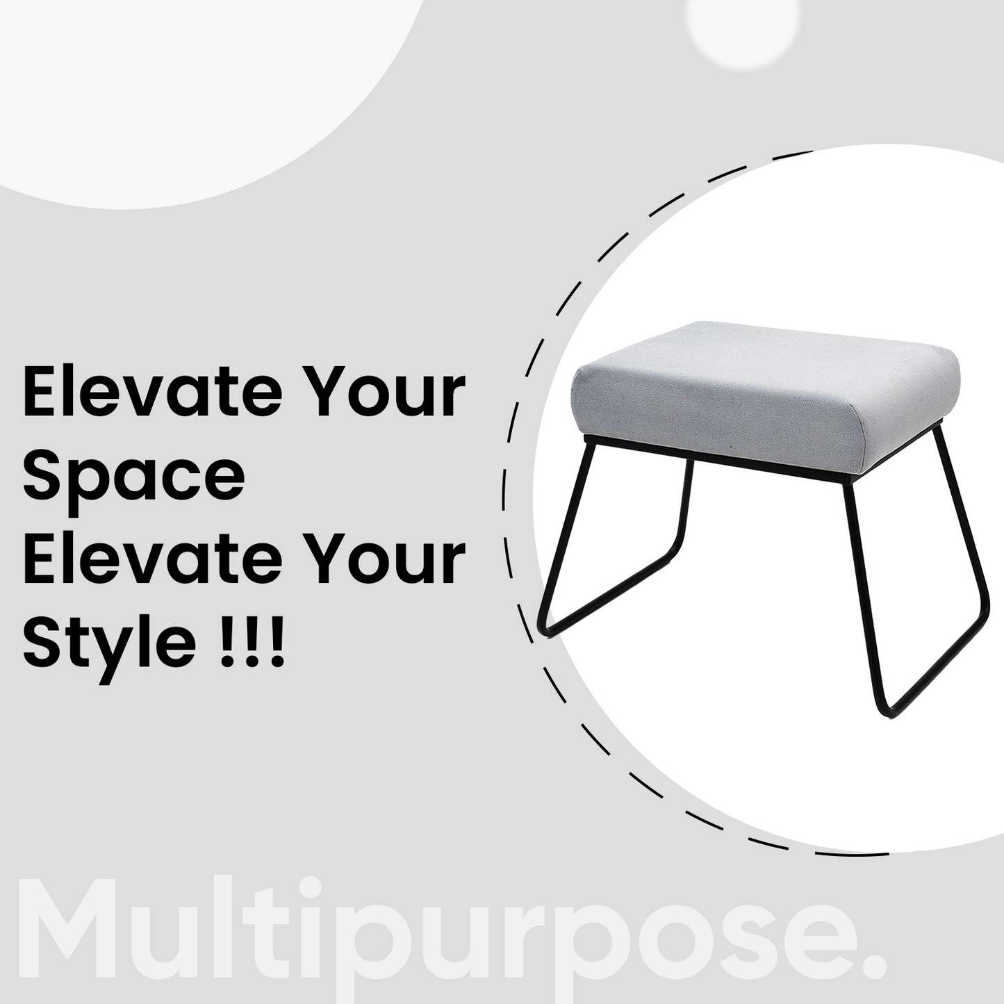 Classy and Compact Matt Black Metal Stool in Grey Cushion Set of 2
