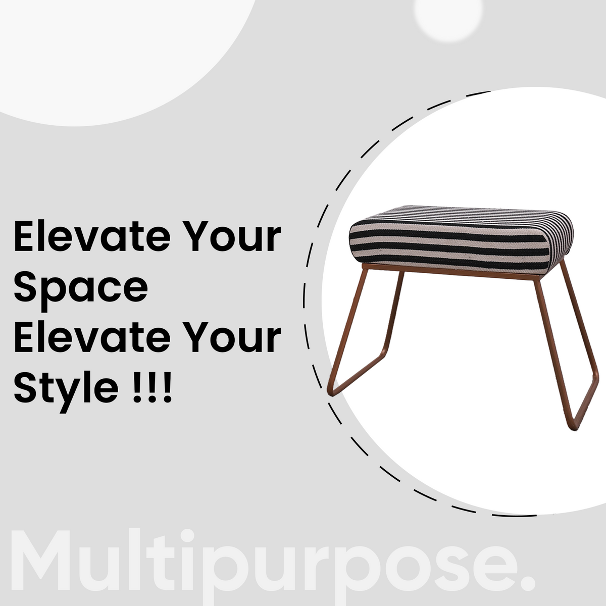 Classy and Compact Rose Gold Metal Stool in Black &amp; White Stripe Set of 2
