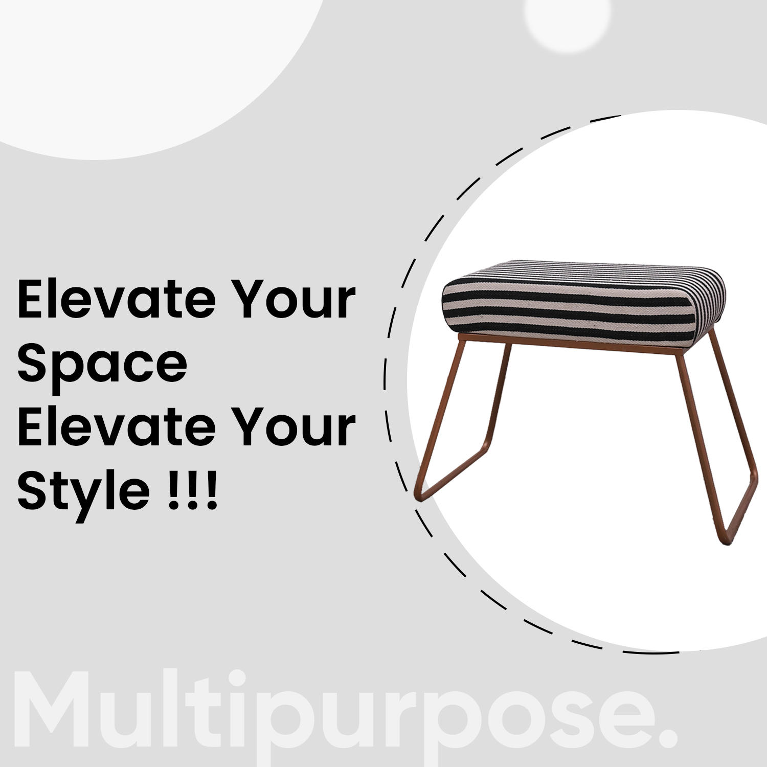 Classy and Compact Rose Gold Metal Stool in Black &amp; White Stripe Set of 2
