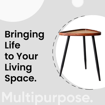 Walnut Triangular Mango Wood Resin Side Table with Metal Legs