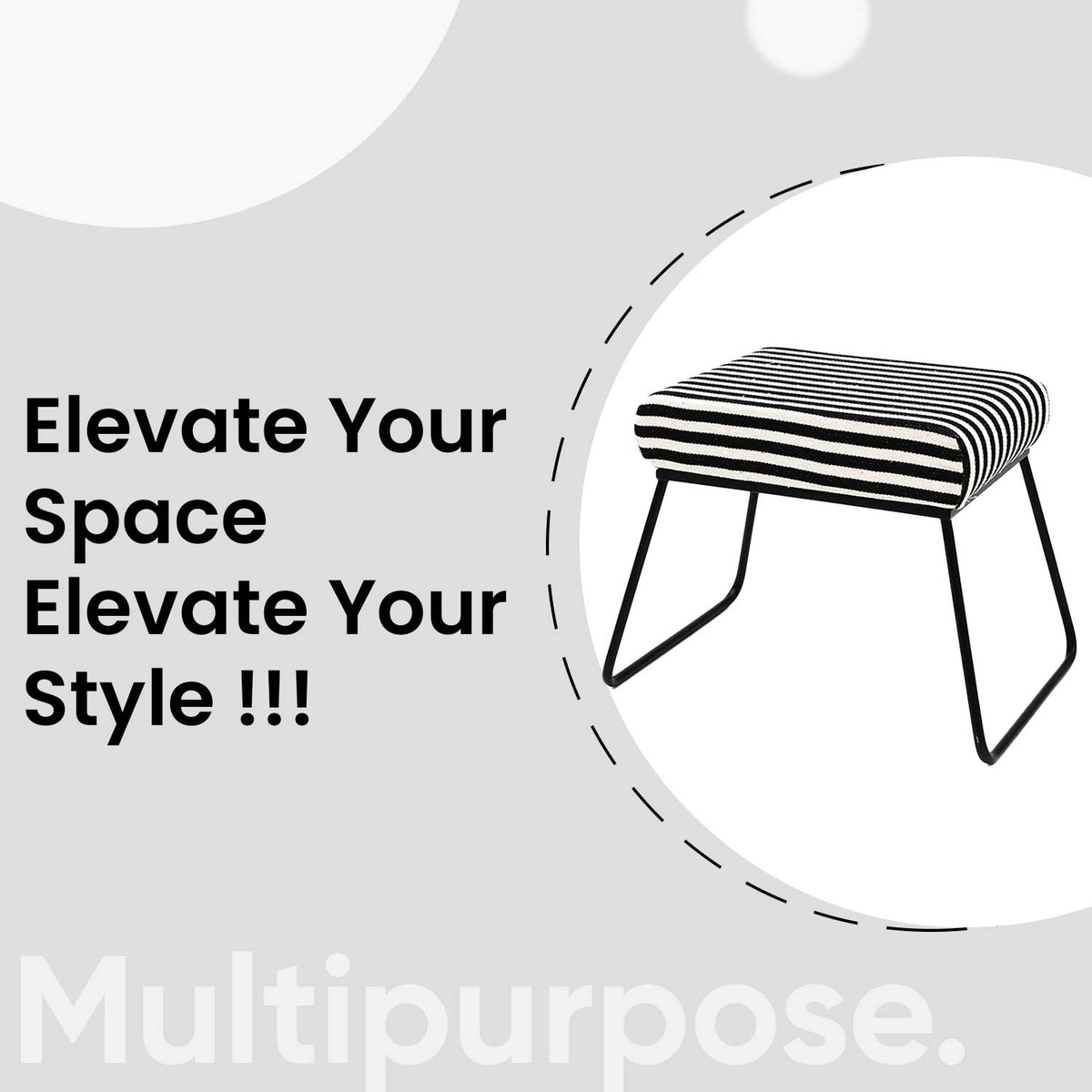 Classy and Compact Matt Black Metal Stool in Black & White Stripe Set of 2