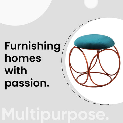 Modern Hexa-Style Rose Gold Metal Stool in Teal Blue Cushion