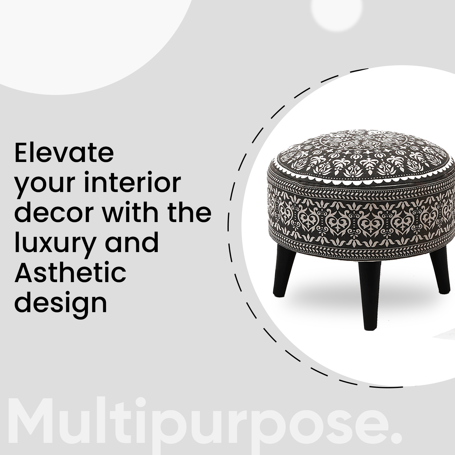 Contemporary Mandala Wooden Tuffet in Grey Color Set of 2