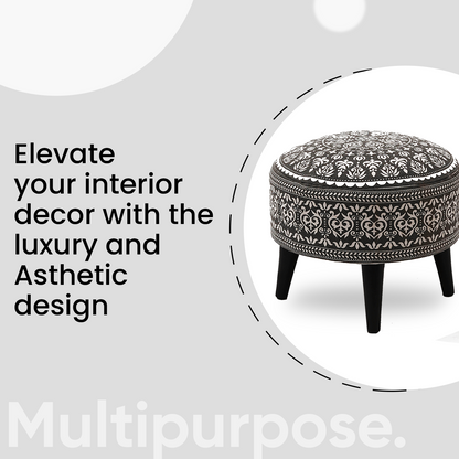 Contemporary Mandala Wooden Tuffet in Grey Color