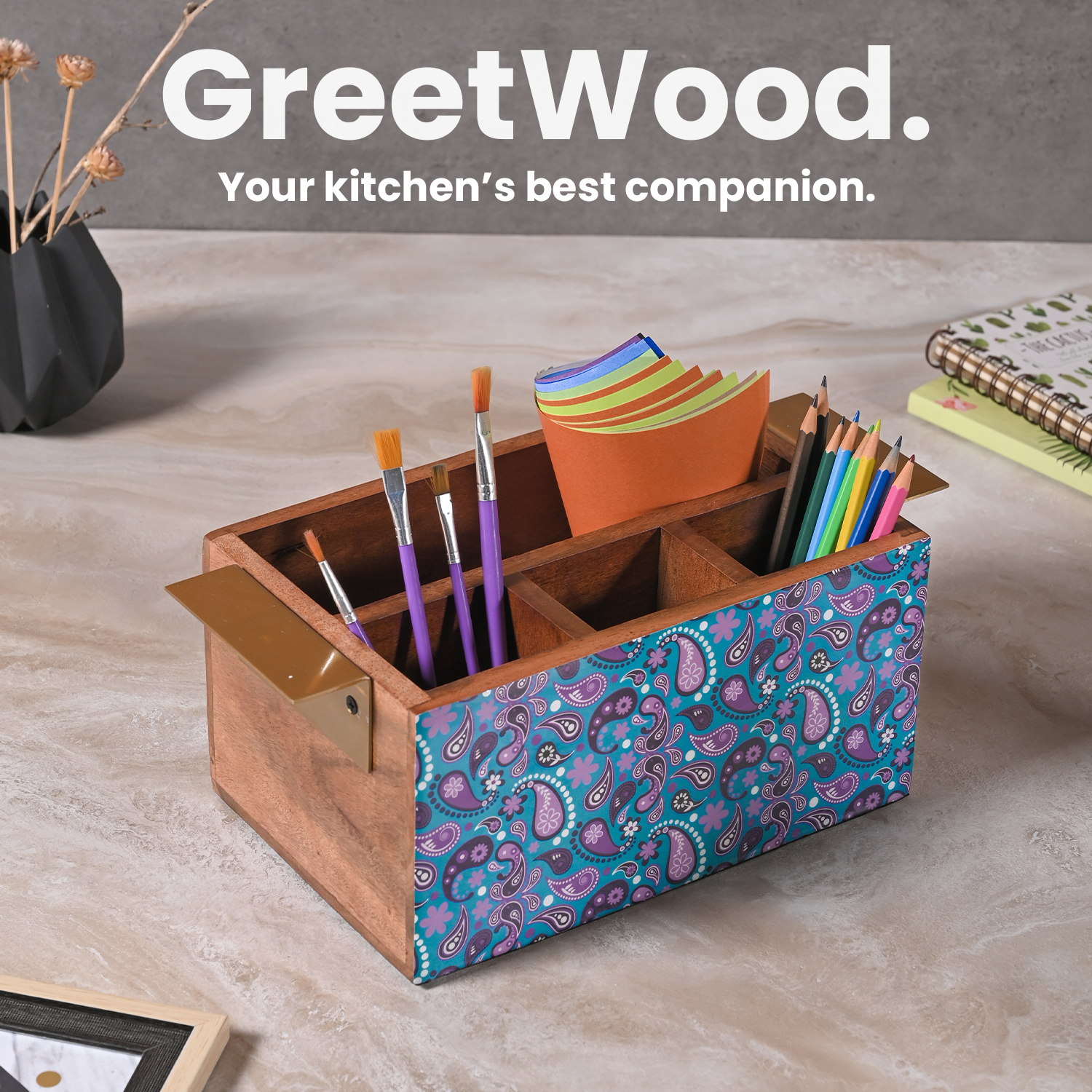 Greetwood Purple Printed Wooden Cutlery Holder for Kitchen