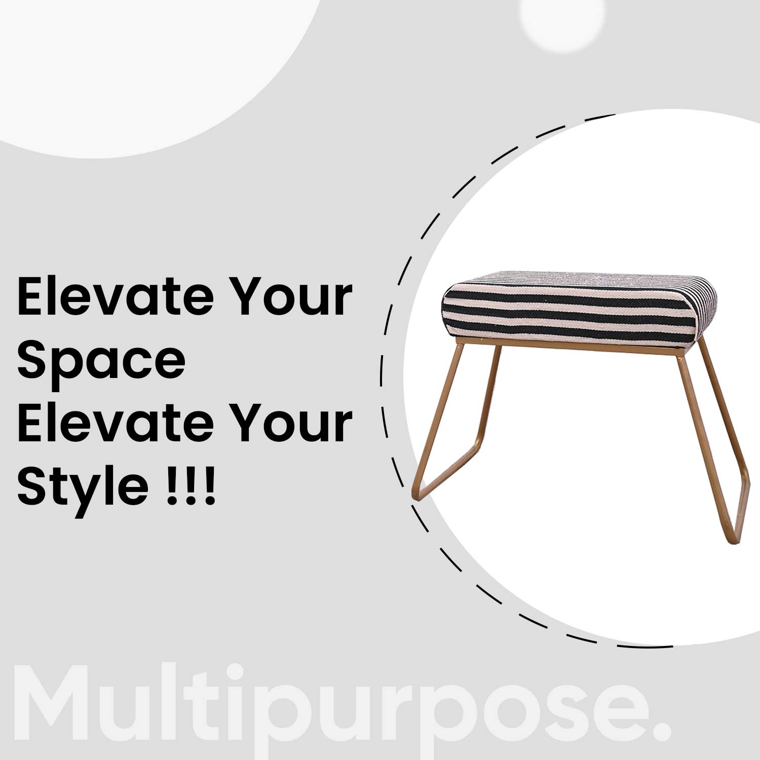 Classy and Compact Golden Metal Stool in Black &amp; White Stripe