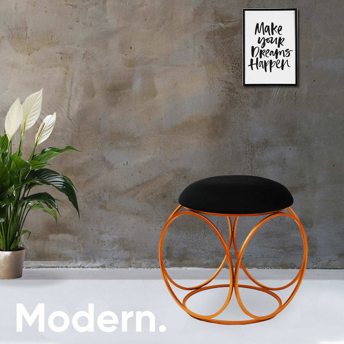Modern Hexa-Style Rose Gold Metal Stool in Black Cushion Set of 2