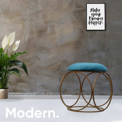 Modern Hexa-Style Golden Metal Stool in Teal Blue Cushion Set of 2