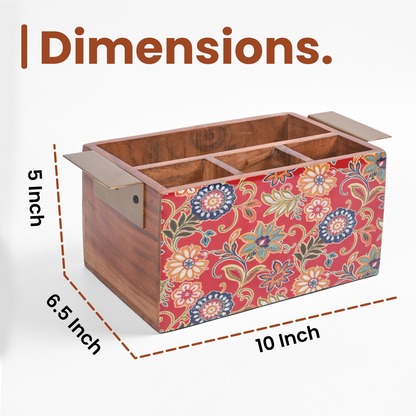 Greetwood Red Printed Wooden Cutlery Holder for Kitchen