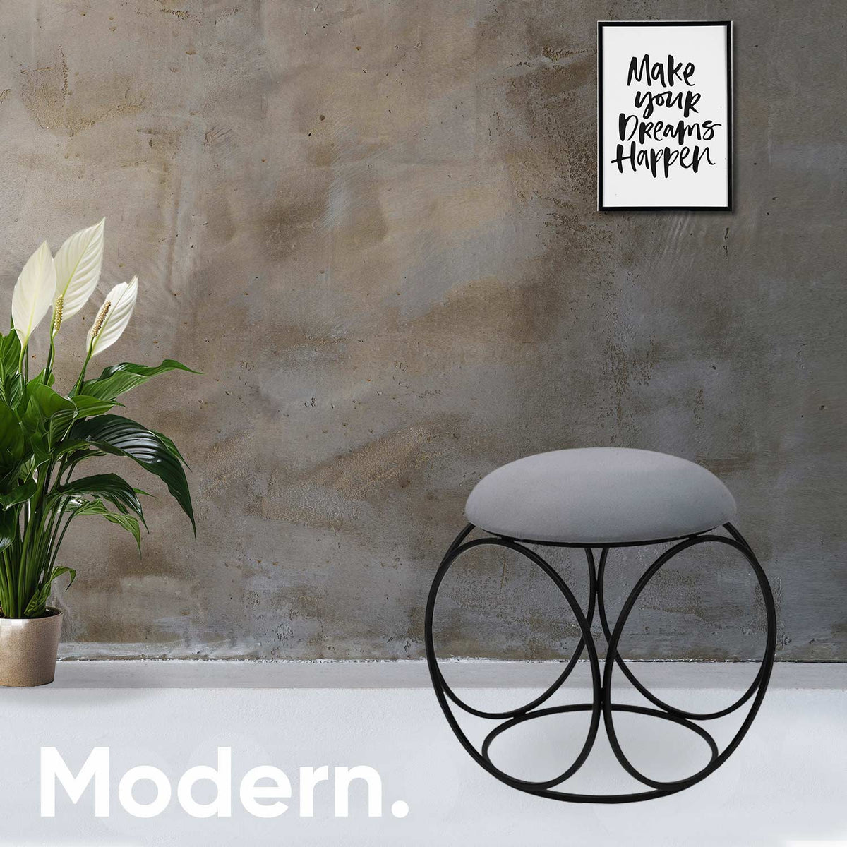 Modern Hexa-Style Matt Black Metal Stool in Grey Cushion Set of 2