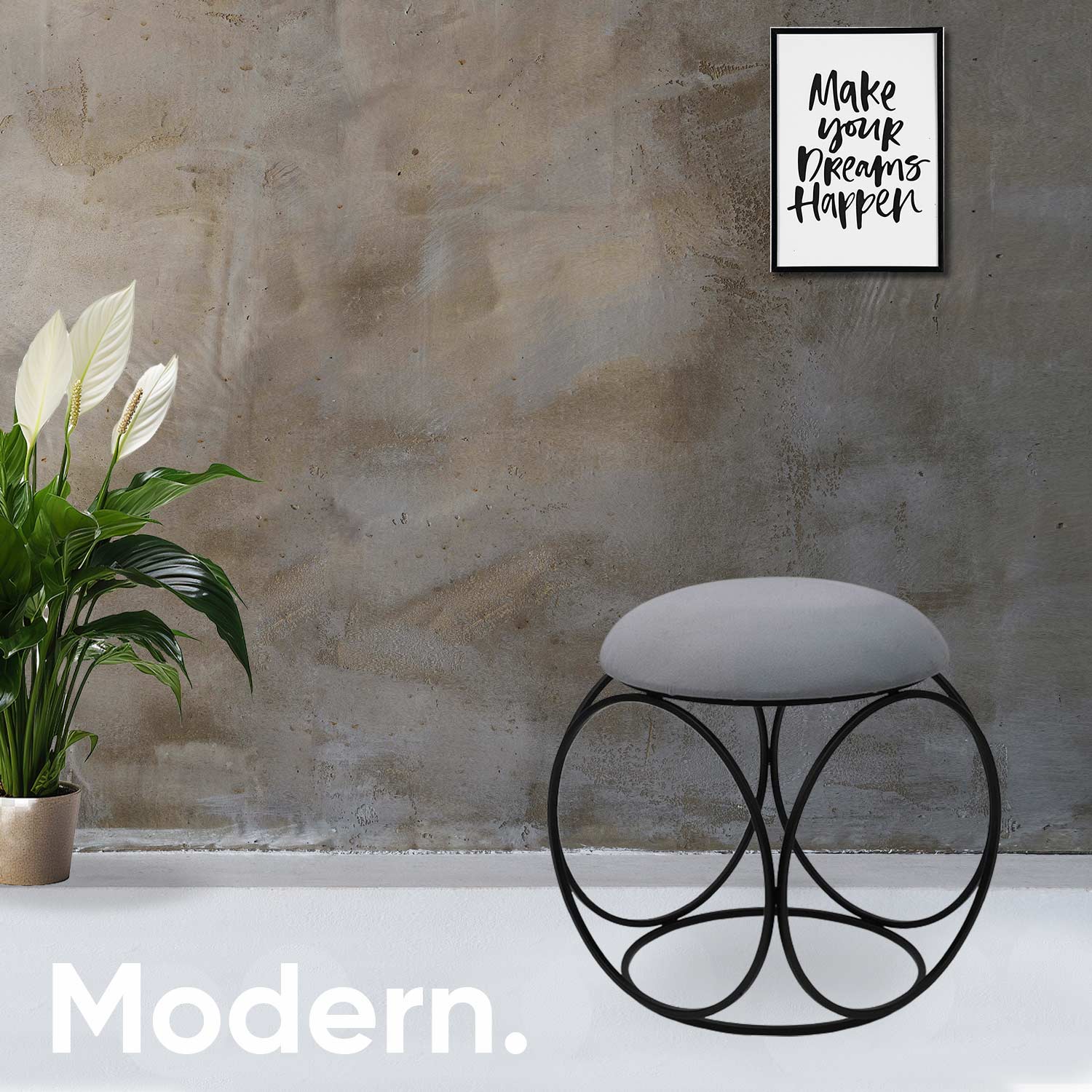 Modern Hexa-Style Matt Black Metal Stool in Grey Cushion Set of 2