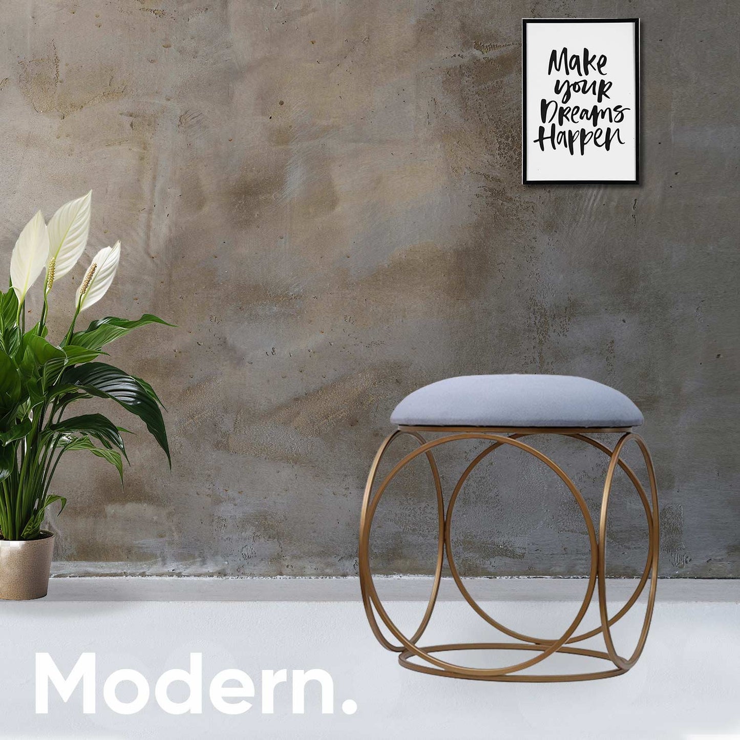 Modern Hexa-Style Golden Metal Stool in Grey Cushion Set of 2