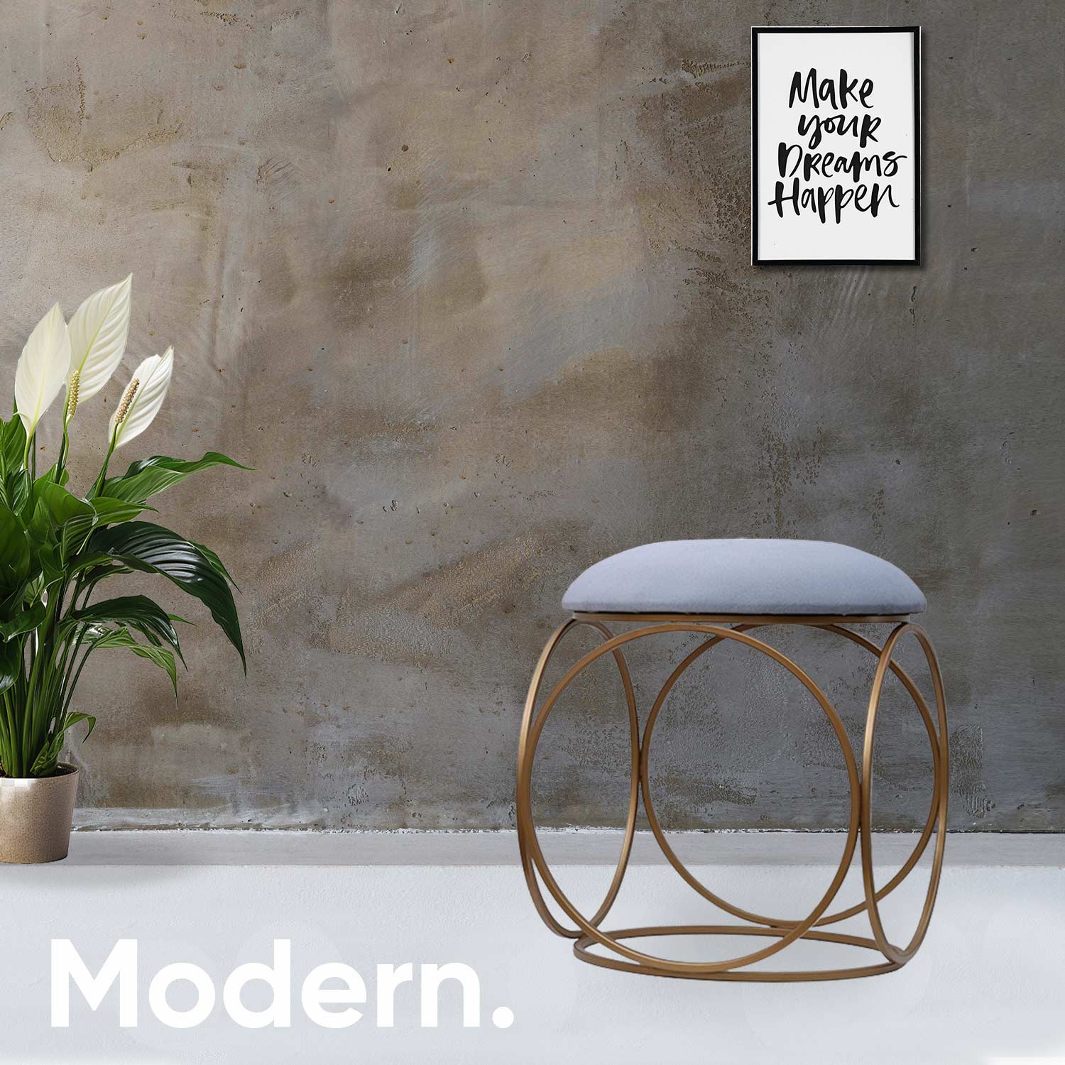 Modern Hexa-Style Golden Metal Stool in Grey Cushion Set of 2