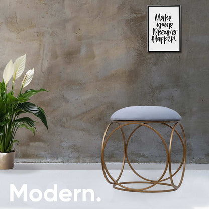 Modern Hexa-Style Golden Metal Stool in Grey Cushion Set of 2