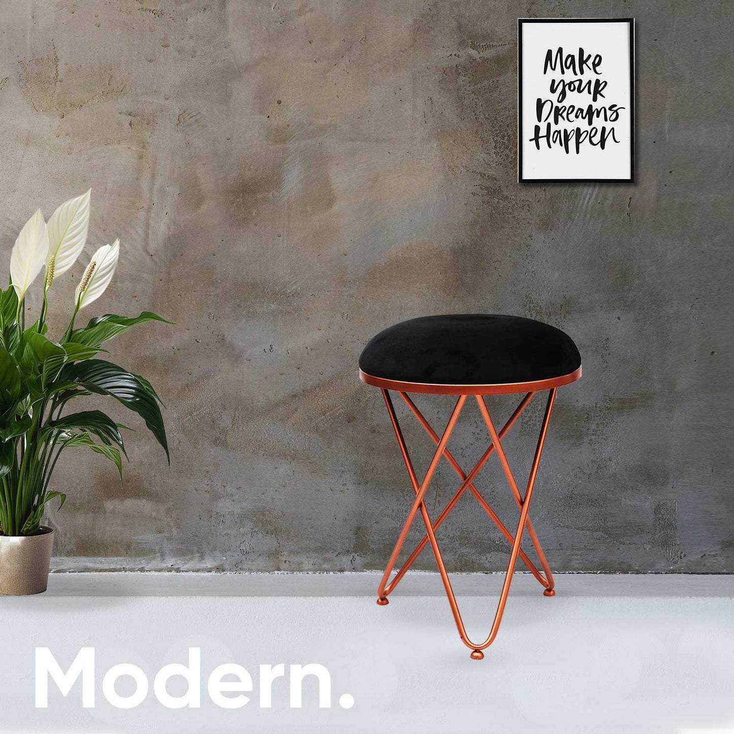 Ultra-modern Cross Leg Rose Gold Metal Stool in Black Cushion Set of 2