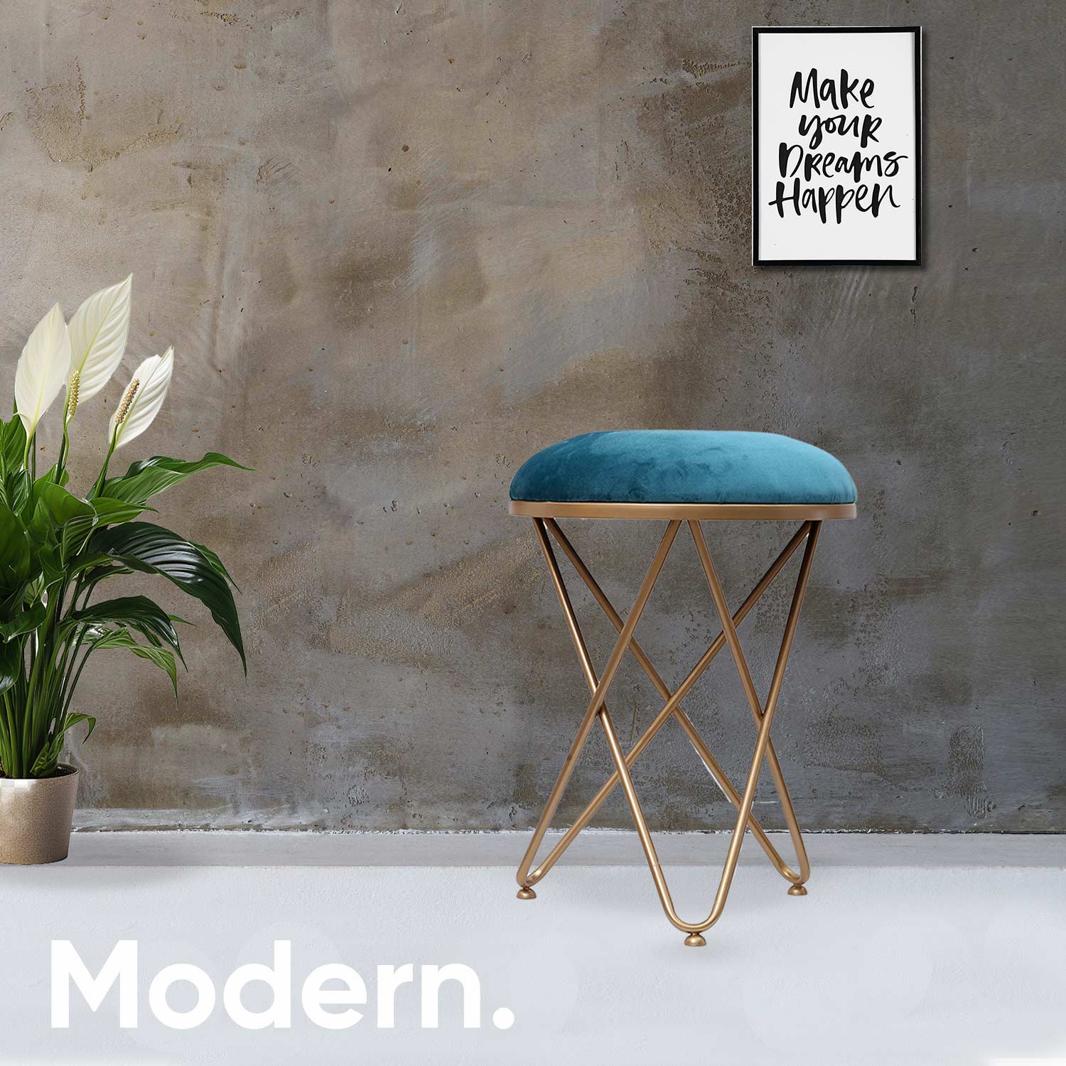 Ultra-modern Cross Leg Golden Metal Stool in Teal Blue Cushion Set of 2