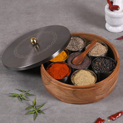 Greetwood GunMetal Lotus Wooden Masala Box for Kitchen