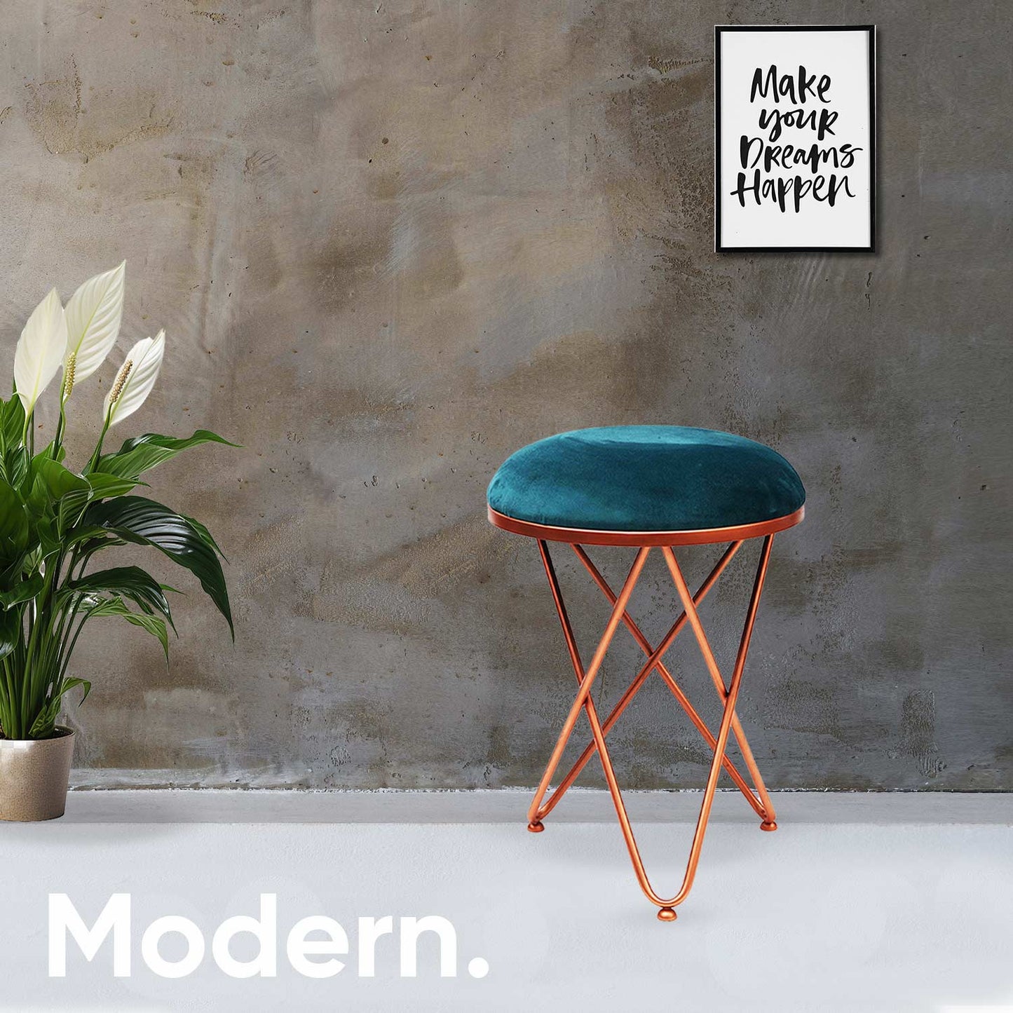 Ultra-modern Cross Leg Rose Gold Metal Stool in Teal Blue Cushion Set of 2